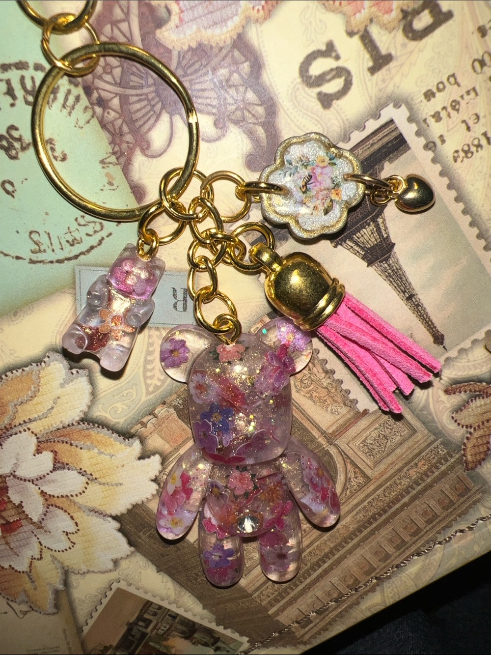 Gold Pink Floral Bear Keychain, backpack or purse Charm.